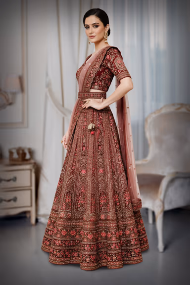Royal Maroon Velvet Zardozi Bridal Lehenga — view 3 of 4