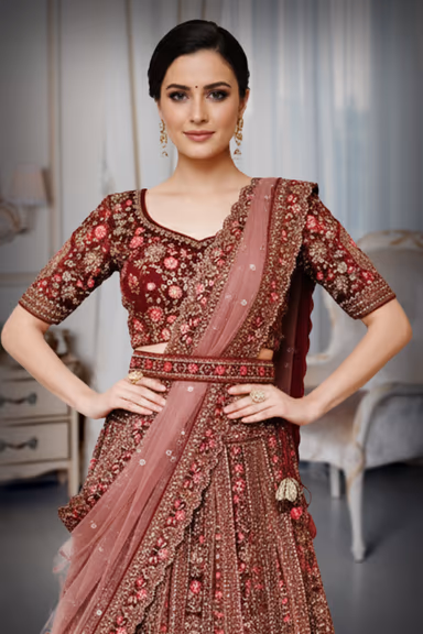 Royal Maroon Velvet Zardozi Bridal Lehenga — view 1 of 4