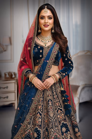 Royal Prussian Blue Lehenga Featuring Intricate Heavy Peacock Embroidery and Ornate Detailing — view 1 of 2