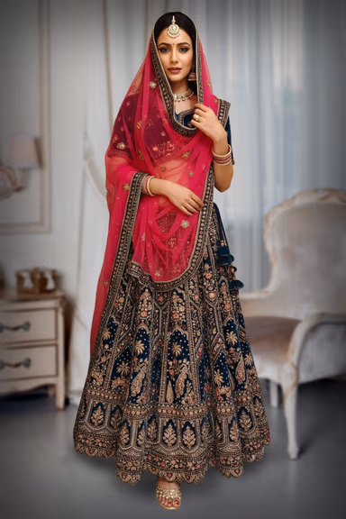 Royal Prussian Blue Lehenga Featuring Intricate Heavy Peacock Embroidery and Ornate Detailing — view 2 of 2