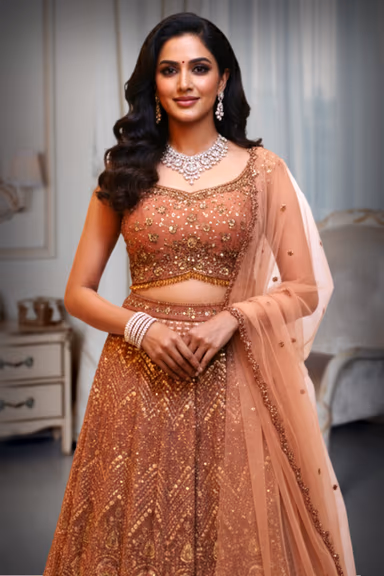 Rust Brown Lehenga with zari embroidery sand sequin work details — view 1 of 3