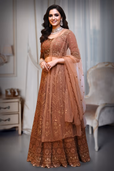 Rust Brown Lehenga with zari embroidery sand sequin work details — view 3 of 3
