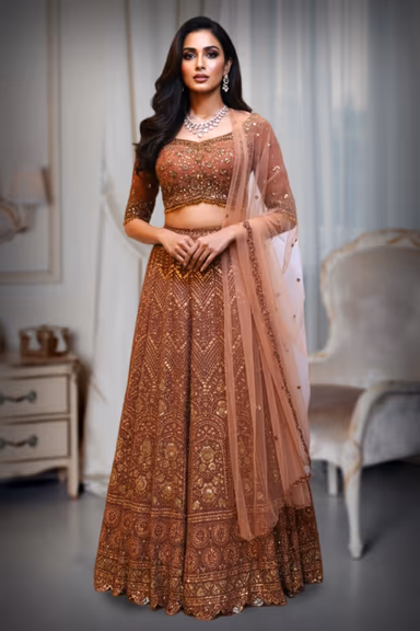 Rust Brown Lehenga with zari embroidery sand sequin work details — view 2 of 3