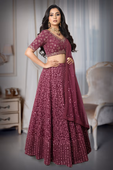 Vibrant Purple Sequined Lehenga Choli Set Featuring Intricate All Over Floral Work And Coordinating Sheer… — view 3 of 4