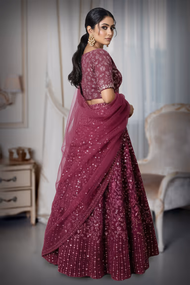 Vibrant Purple Sequined Lehenga Choli Set Featuring Intricate All Over Floral Work And Coordinating Sheer… — view 4 of 4