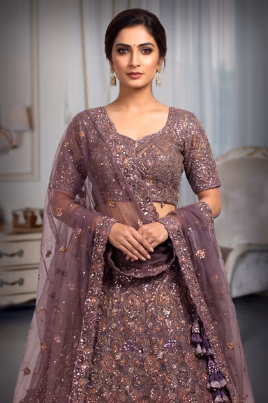 Wisteria Purple Colour Lehenga With Heavy Threadwork Detailing In Floral Motif  Along With Detailed Dupatta… — view 1 of 3