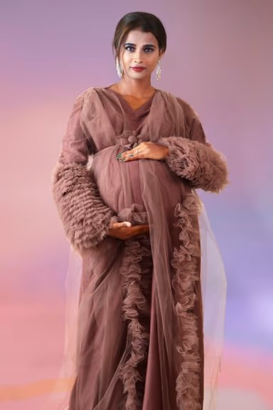 Pinkish brown ruffle sleeve robe open gown — view 1 of 5