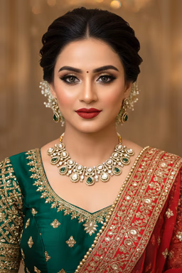 Elegant Traditional Indian Bridal Necklace Set With Beautiful Green Gemstones And Detailed Gold Polishing — view 1 of 2
