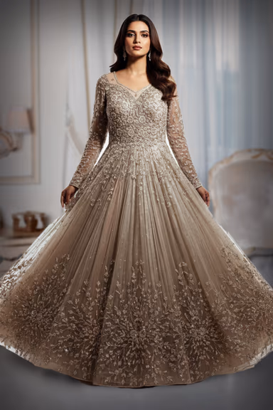 Almond Beige Anarkali Features Intricate Sequin Embellishments Detailed Embroidery And A Matching Sheer Net… — view 2 of 2