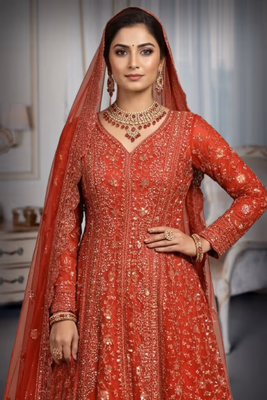 Bright Red Wedding Gown With Threadwork And Stonework Details All Over The Gown — view 1 of 3