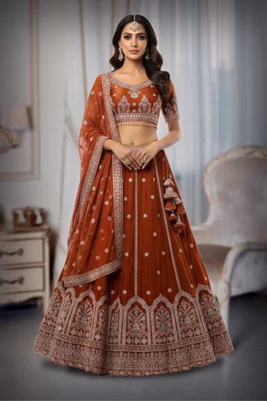 Burnt Orange Handworked Bridal Lehenga With Intricate Embroidered Crop Top And Threadworked Dupatta — view 2 of 2