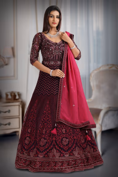 Dark wine colour pure fabric gown with heavy threadwork  with majentha pink dupatta — view 2 of 5
