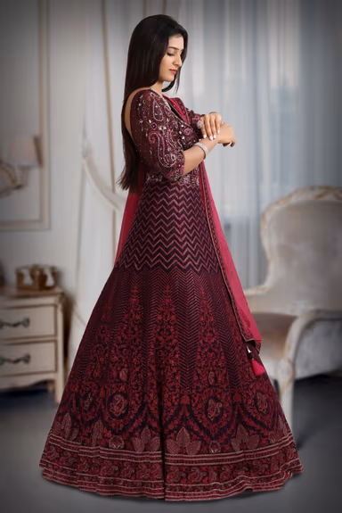 Dark wine colour pure fabric gown with heavy threadwork  with majentha pink dupatta — view 4 of 5