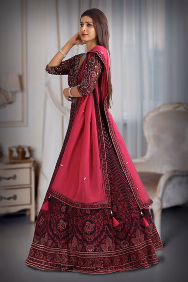 Dark wine colour pure fabric gown with heavy threadwork  with majentha pink dupatta — view 3 of 5