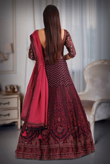 Dark wine colour pure fabric gown with heavy threadwork  with majentha pink dupatta — view 5 of 5