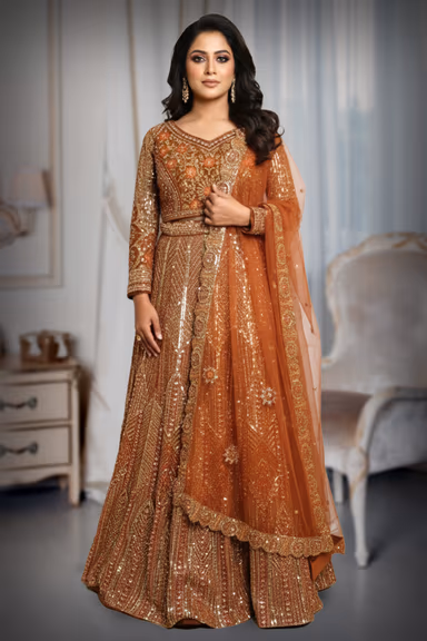 Exquisite Rust Orange Anarkali Features Intricate Sequin Embellishments Detailed Embroidery And A Matching… — view 2 of 2