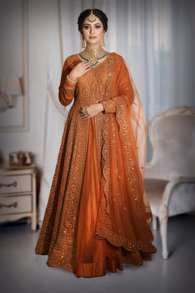 Ornate Gold and Bronze Embroidered Arabic Lehenga with Intricate Work — view 4 of 4