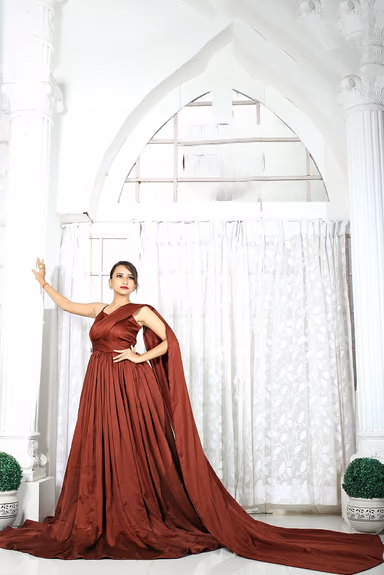 Rosewood Sleeveless Gown with Pleated Shoulder Extended Tail — view 1 of 3