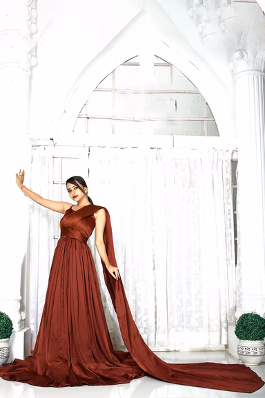 Rosewood Sleeveless Gown with Pleated Shoulder Extended Tail — view 3 of 3