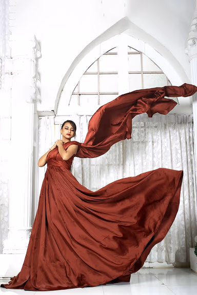 Rosewood Sleeveless Gown with Pleated Shoulder Extended Tail — view 2 of 3