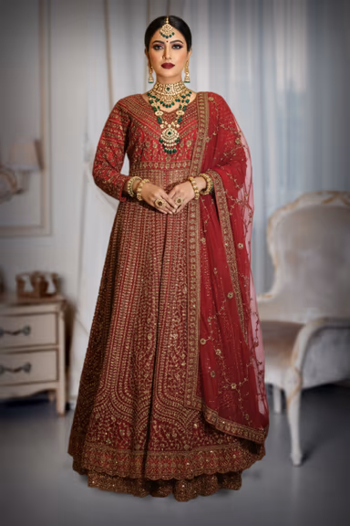 Ruby Red Arabic lehenga with Gold Embroidery and Embellishments — view 2 of 5