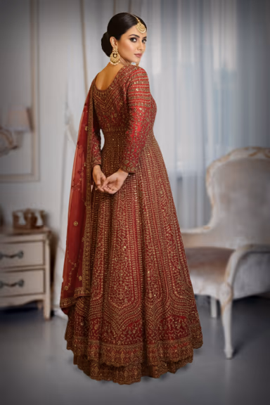 Ruby Red Arabic lehenga with Gold Embroidery and Embellishments — view 5 of 5