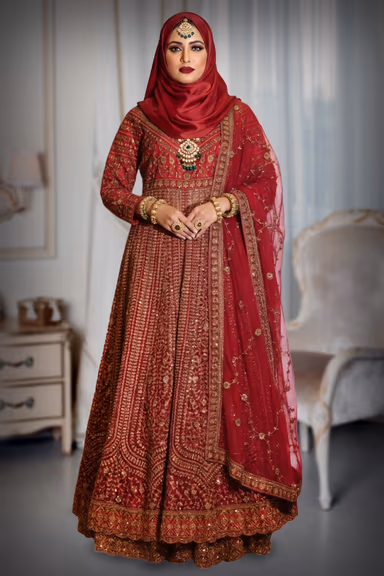 Ruby Red Arabic lehenga with Gold Embroidery and Embellishments — view 4 of 5