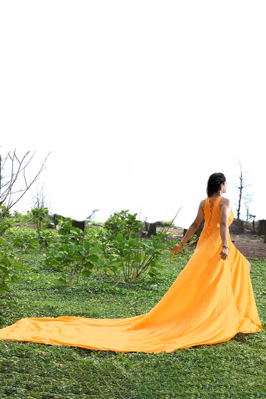 Tangerine Yellow Sleeveless Gown with Twist Pleated Yoke and Flarey Back Tail — view 4 of 4