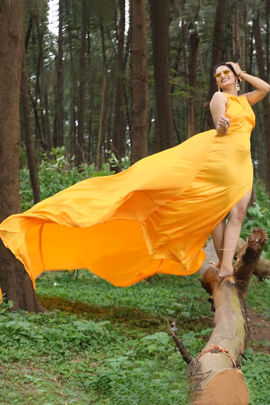 Tangerine Yellow Sleeveless Gown with Twist Pleated Yoke and Flarey Back Tail — view 3 of 4