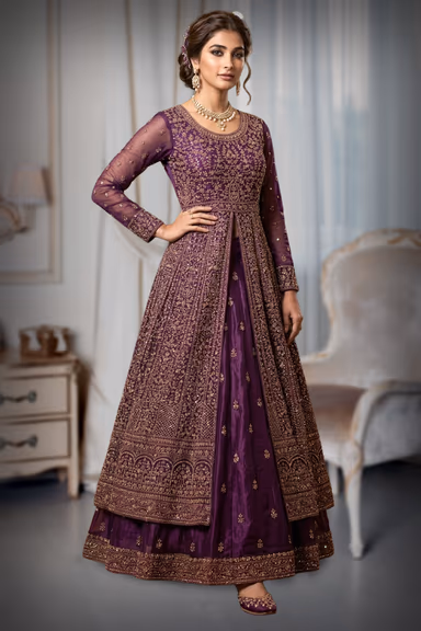 Wine Color Net Wedding Gown With Threadwork And Stonework Details All Over The Gown — view 2 of 5