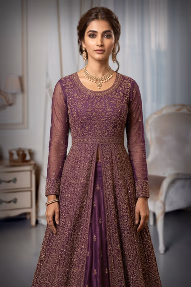 Wine Color Net Wedding Gown With Threadwork And Stonework Details All Over The Gown — view 1 of 5