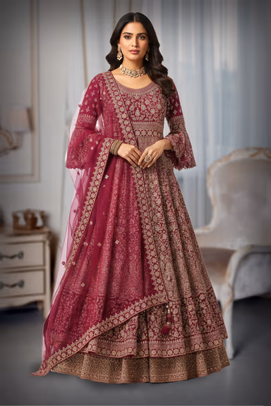 Heavy Zari Work Magenta Anarkali Gown with Net Dupatta & Embellished Border — view 5 of 5