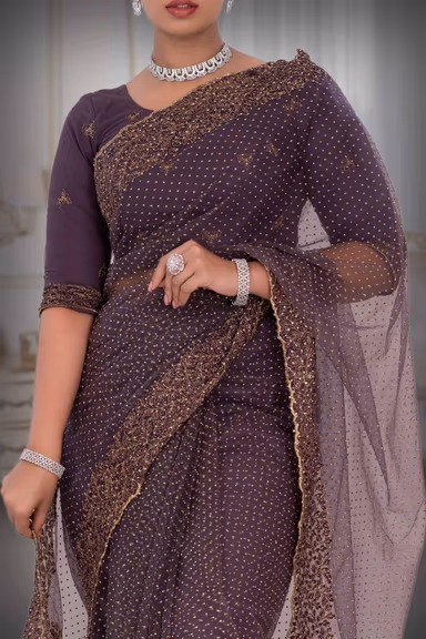 Purple  Net  Saree — view 3 of 6