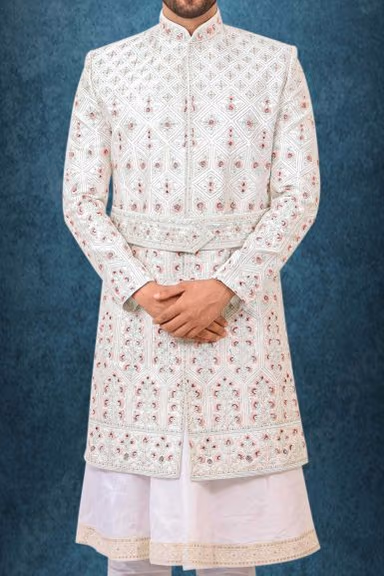 White Dupion Silk Sherwani — view 5 of 6