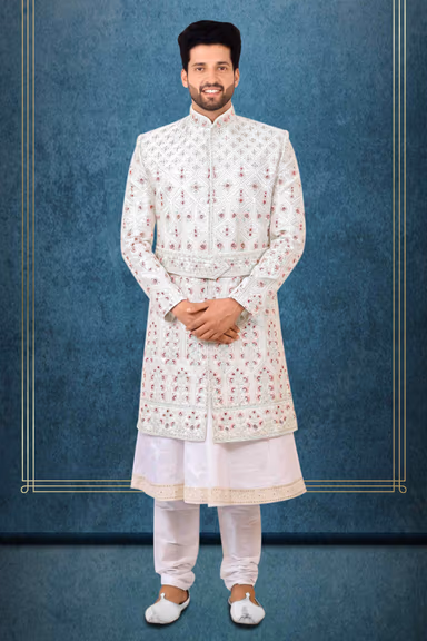 White Dupion Silk Sherwani — view 1 of 6