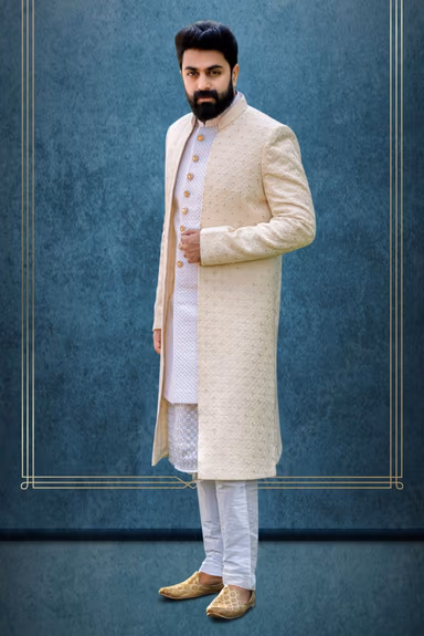 White And Off-White Jacquard Sherwani — view 6 of 6