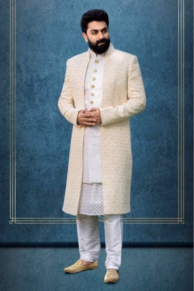 White And Off-White Jacquard Sherwani — view 5 of 6