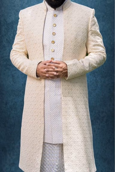 White And Off-White Jacquard Sherwani — view 4 of 6