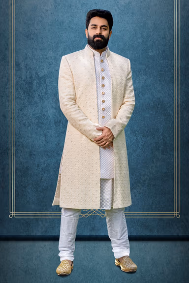 White And Off-White Jacquard Sherwani — view 1 of 6
