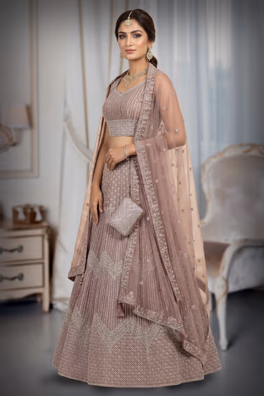 Burnt Mauve Heavy Stone Worked Bridal Lehenga — view 3 of 3