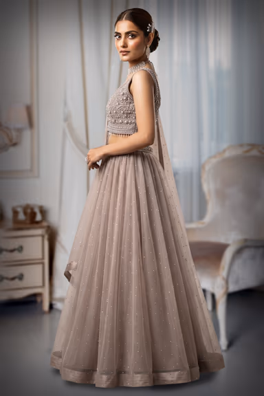 Champagne Beige Blush Lehenga With Silver Floral Embroidery — view 3 of 3