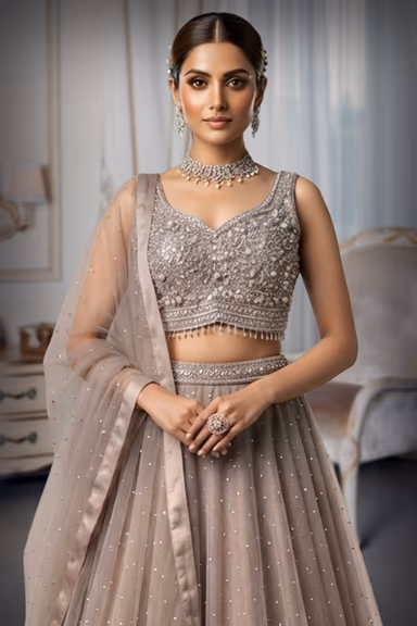 Champagne Beige Blush Lehenga With Silver Floral Embroidery — view 1 of 3