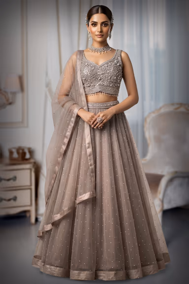 Champagne Beige Blush Lehenga With Silver Floral Embroidery — view 2 of 3