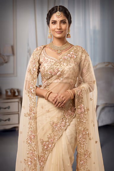 Champagne Gold & Blush Pink 3D Floral Appliqué Embellished Net Saree with Heavy Sleeveless Blouse — view 1 of 3
