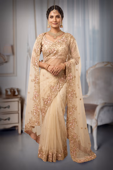 Champagne Gold & Blush Pink 3D Floral Appliqué Embellished Net Saree with Heavy Sleeveless Blouse — view 2 of 3