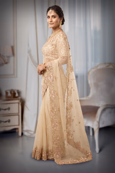 Champagne Gold & Blush Pink 3D Floral Appliqué Embellished Net Saree with Heavy Sleeveless Blouse — view 3 of 3