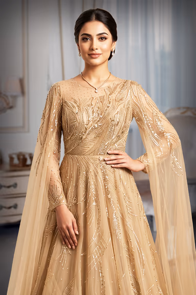 Champagne Gold Gown With Cape Sleeve — view 1 of 3