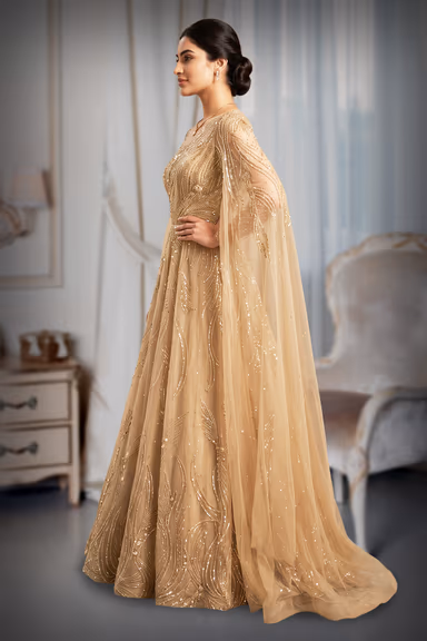 Champagne Gold Gown With Cape Sleeve — view 3 of 3