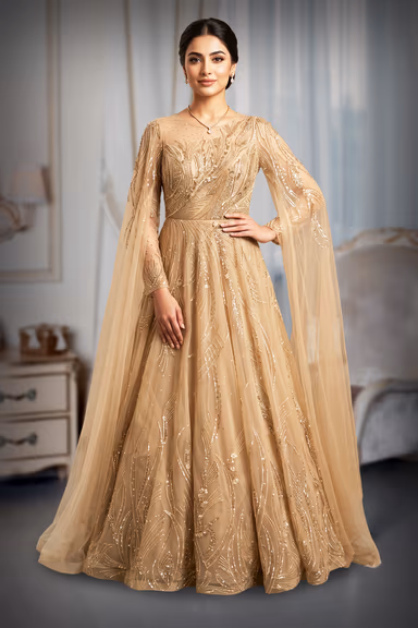 Champagne Gold Gown With Cape Sleeve — view 2 of 3