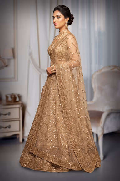 Champagne Gold Sequined Lehenga Adorned With Intricate Embroidery And A Sheer Embellished Dupatta. — view 3 of 3